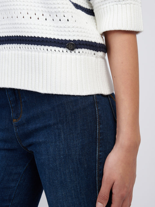 Womens Open Colour Stripe Pointelle Jumper in Navy Iris