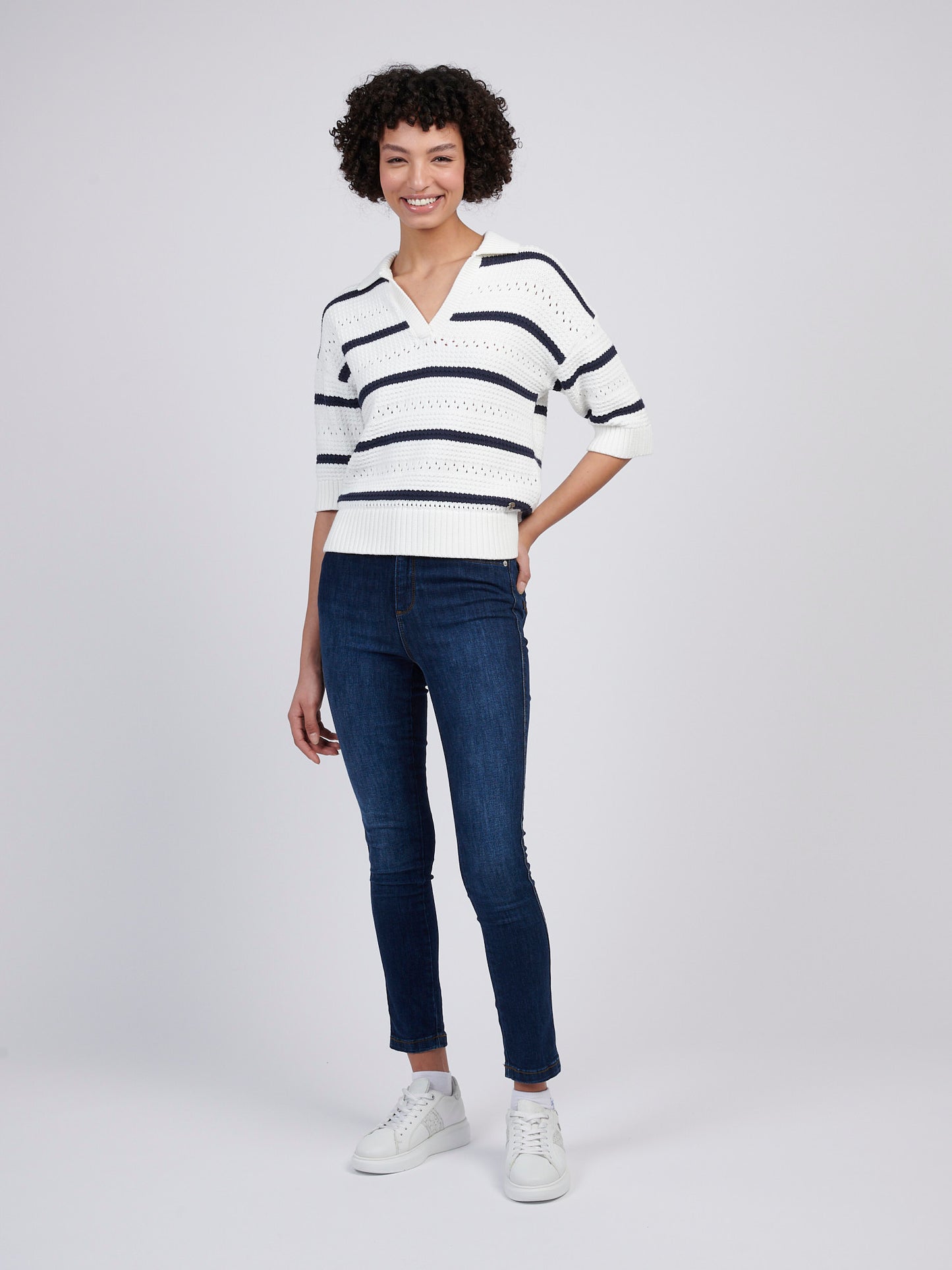 Womens Open Colour Stripe Pointelle Jumper in Navy Iris