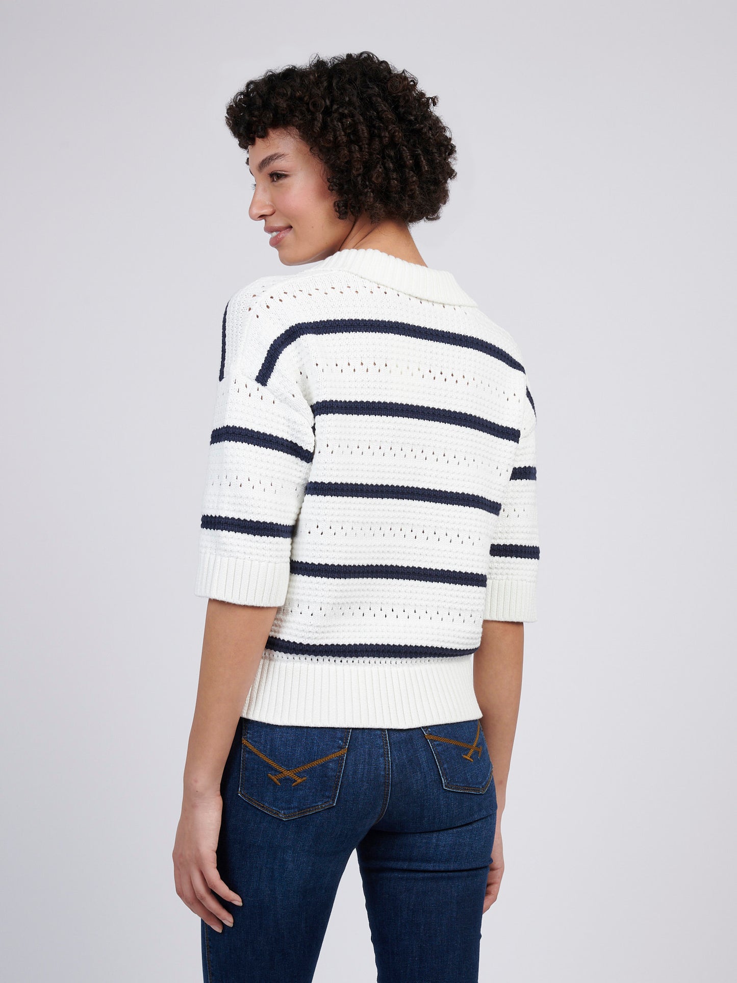 Womens Open Colour Stripe Pointelle Jumper in Navy Iris