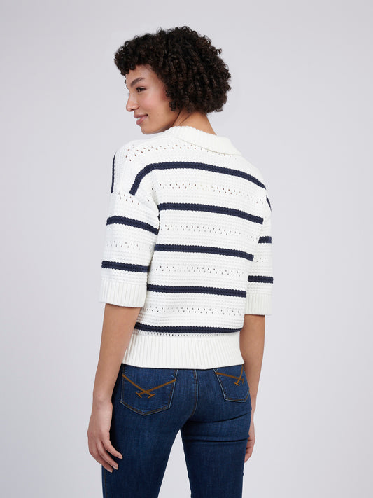 Womens Open Colour Stripe Pointelle Jumper in Navy Iris