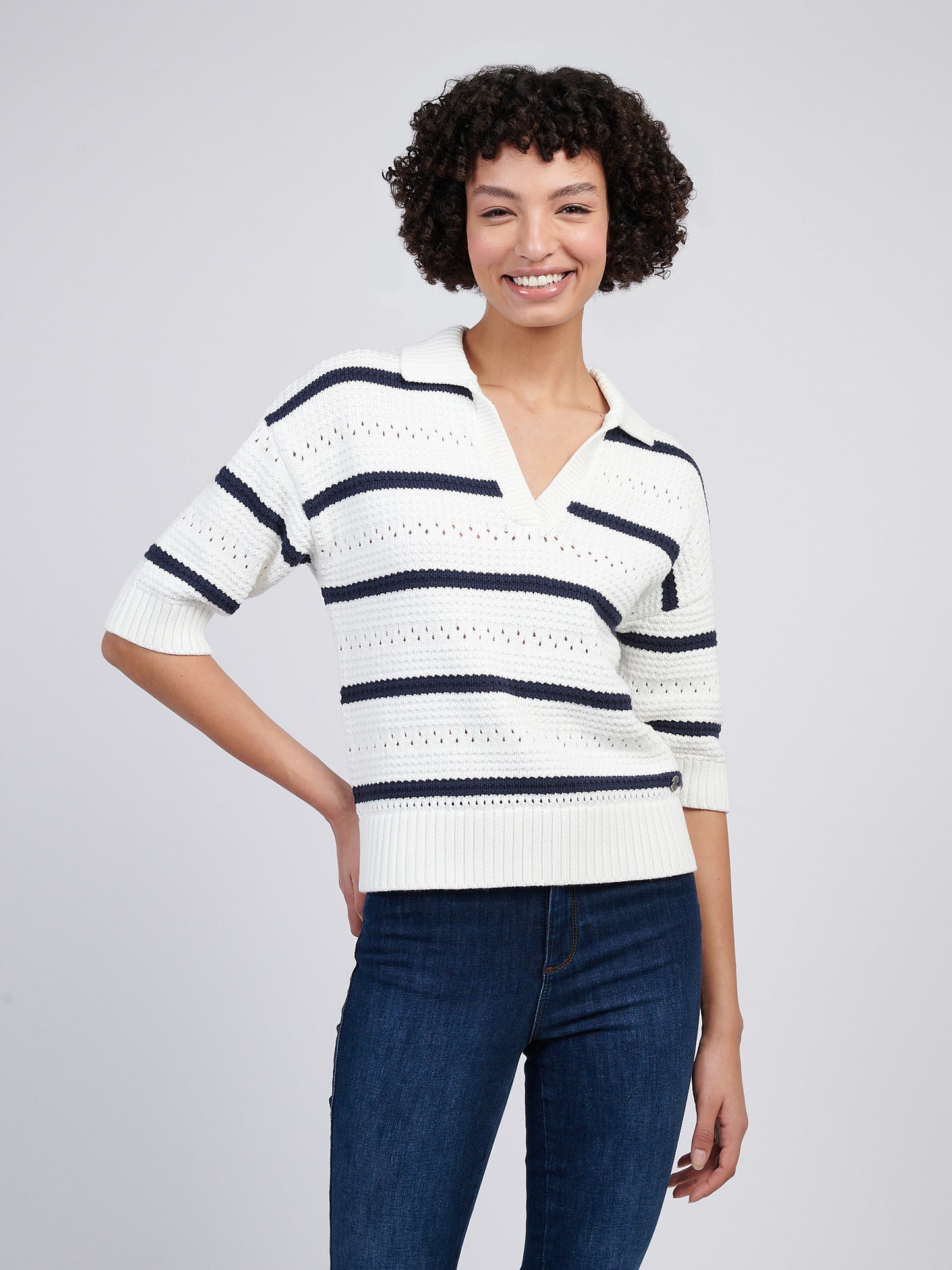 Womens Open Colour Stripe Pointelle Jumper in Navy Iris