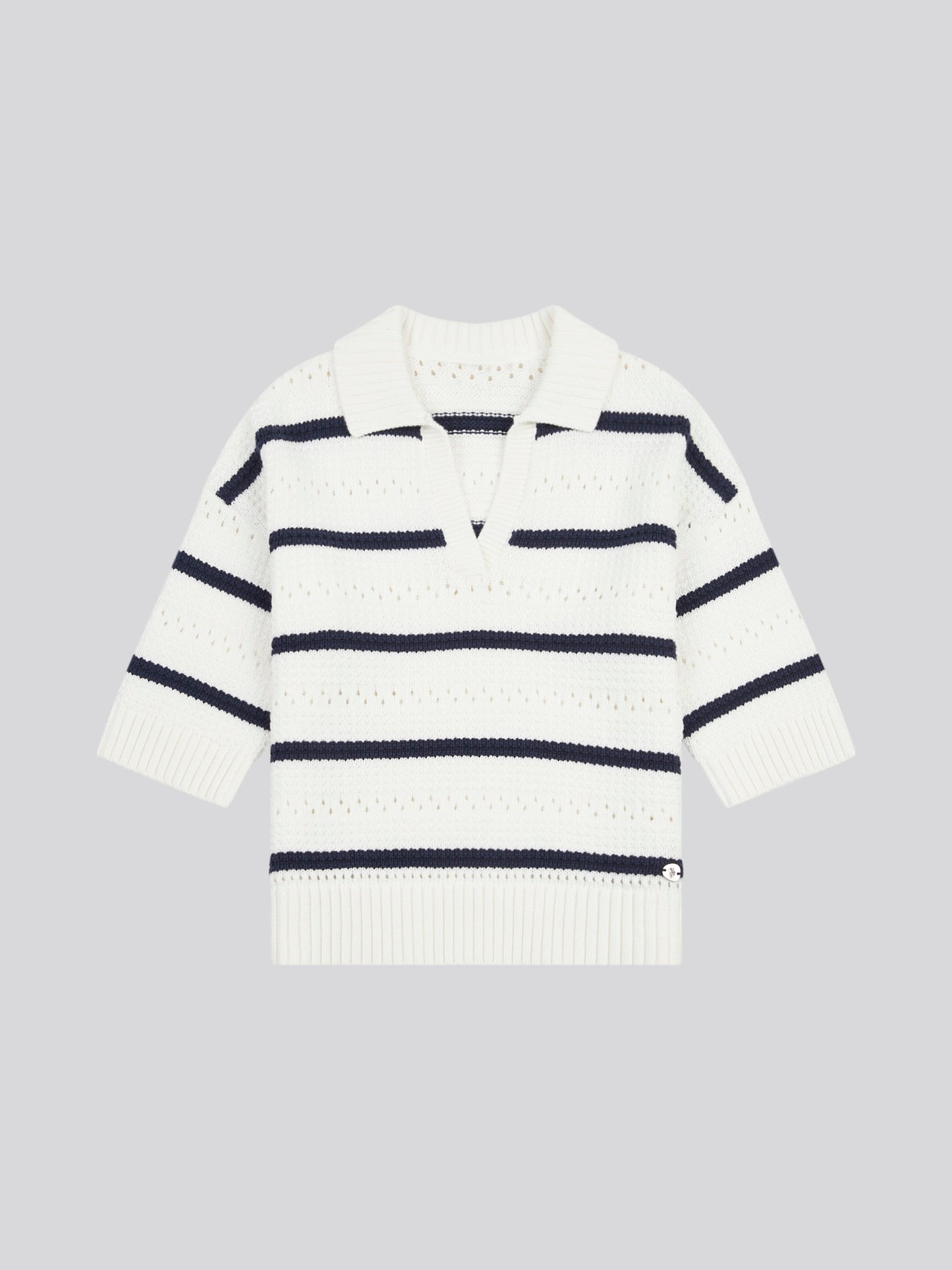 Womens Open Colour Stripe Pointelle Jumper in Navy Iris
