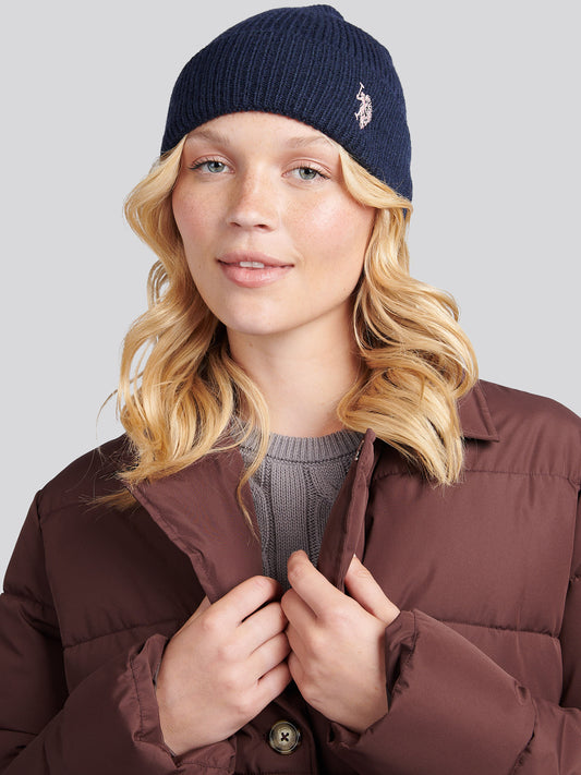 Womens Double Horsemen Knit Beanie in Navy Iris