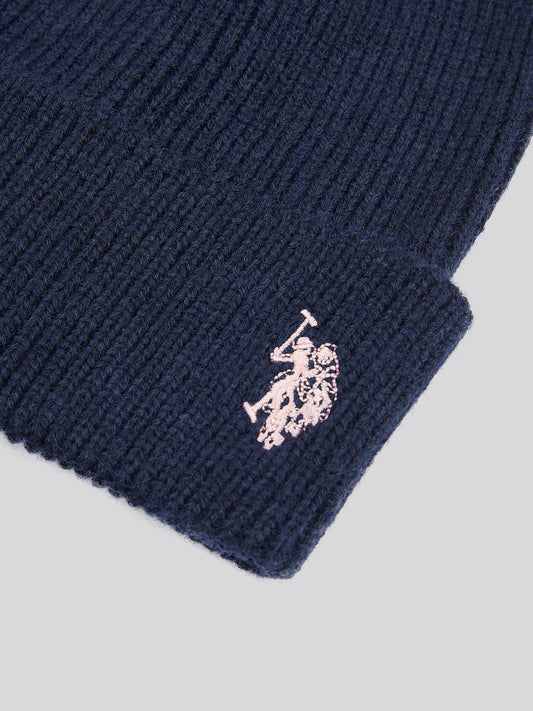 Womens Double Horsemen Knit Beanie in Navy Iris