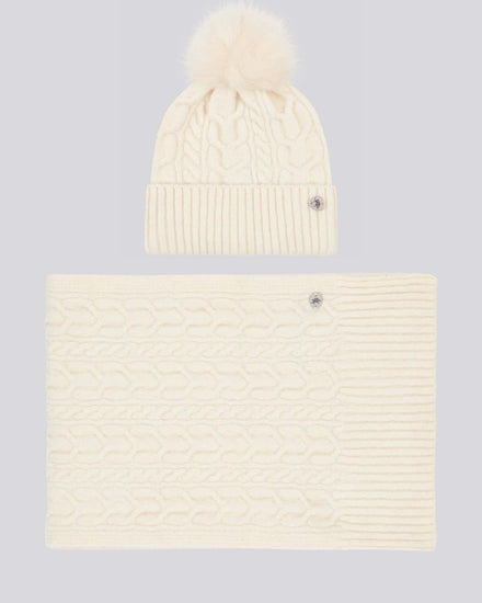 Womens Signature Cable Knit Beanie & Scarf Set in Marshmallow