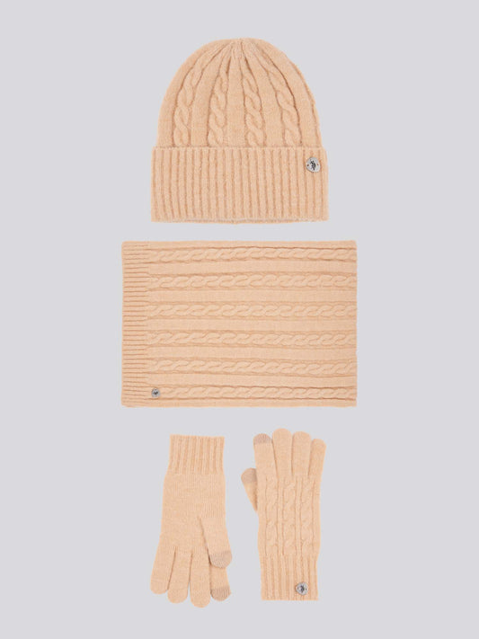 Womens Signature Cable Knit Beanie, Gloves & Scarf Set in Cuban Sand