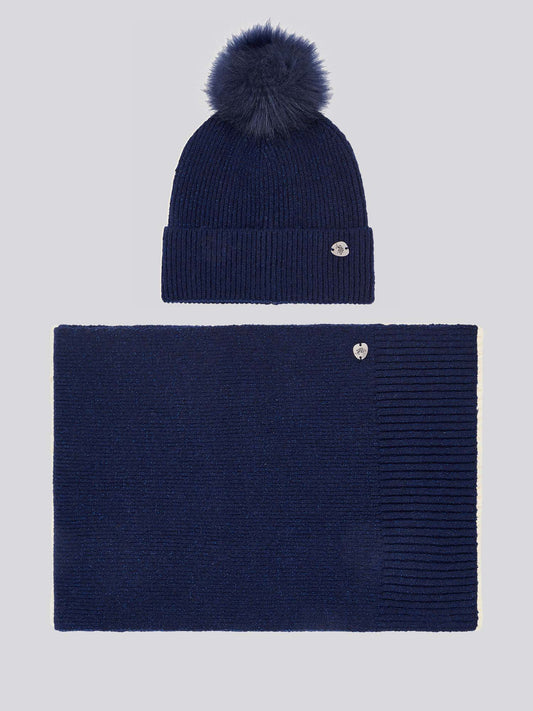 Womens Lurex Cable Beanie & Scarf Set in White / Harbour Mist DHM