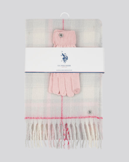 Womens Cable Glove & Check Scarf Box Set in Pearl Grey Marl
