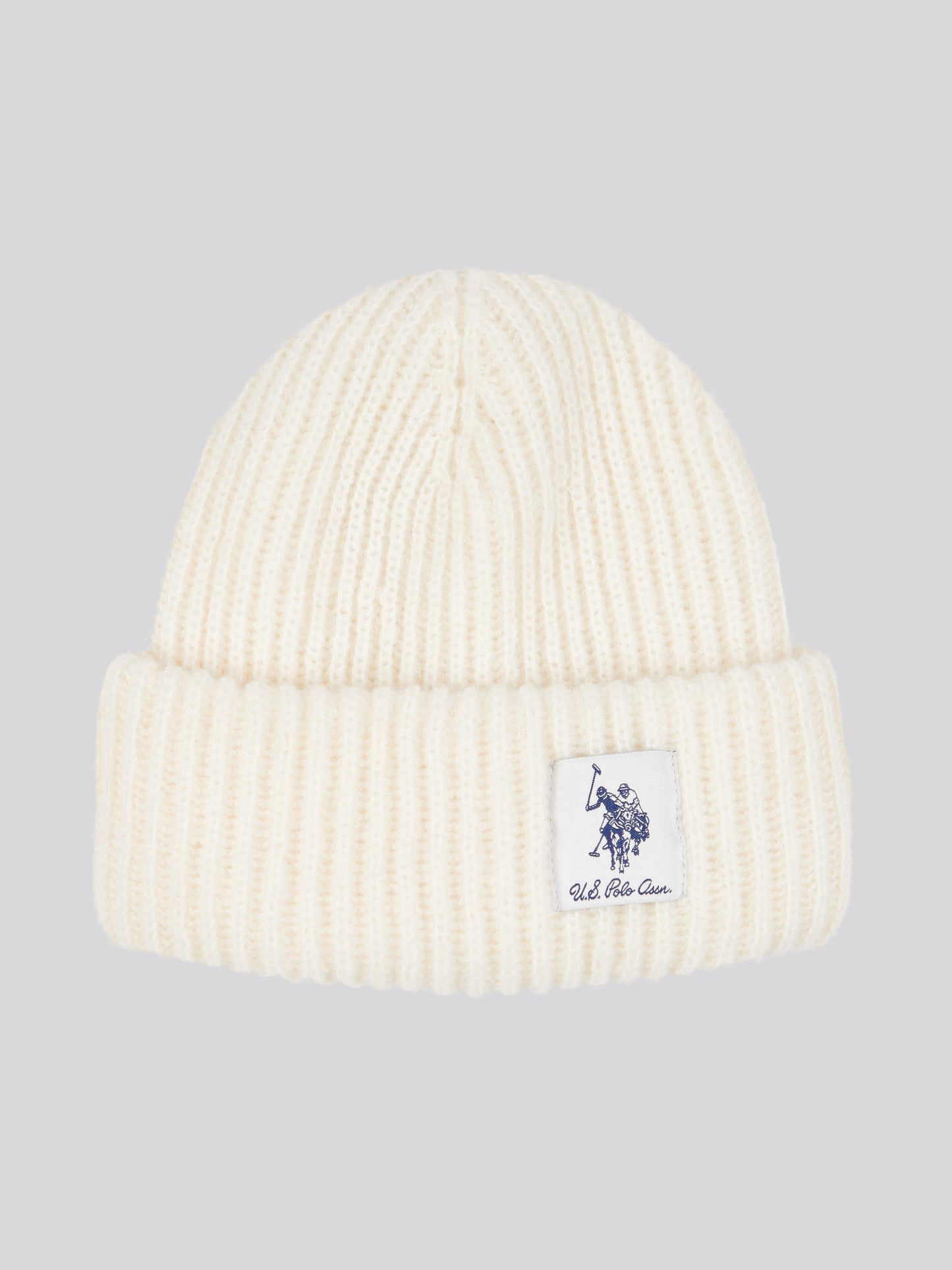 Womens Double Horsemen Woven Patch Beanie in Marshmallow