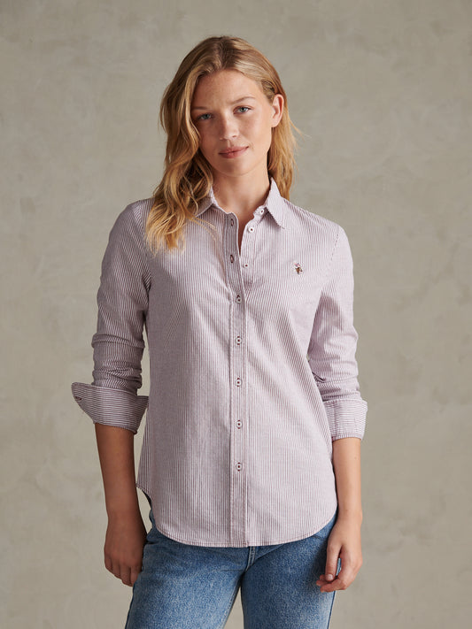 Womens Stripe Stretch Classic Fit Oxford Shirt Burgundy