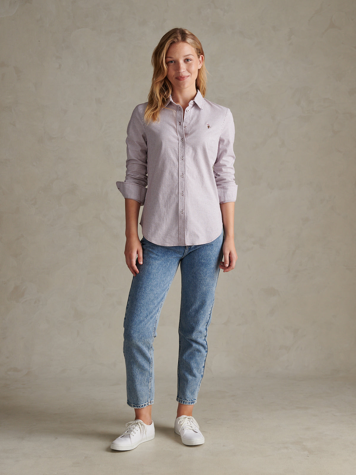 Womens Stripe Stretch Classic Fit Oxford Shirt Burgundy
