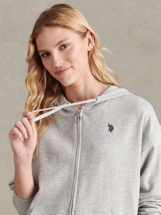 Womens Double Horsemen Zip Through Sweatshirt in Pearl Grey Marl