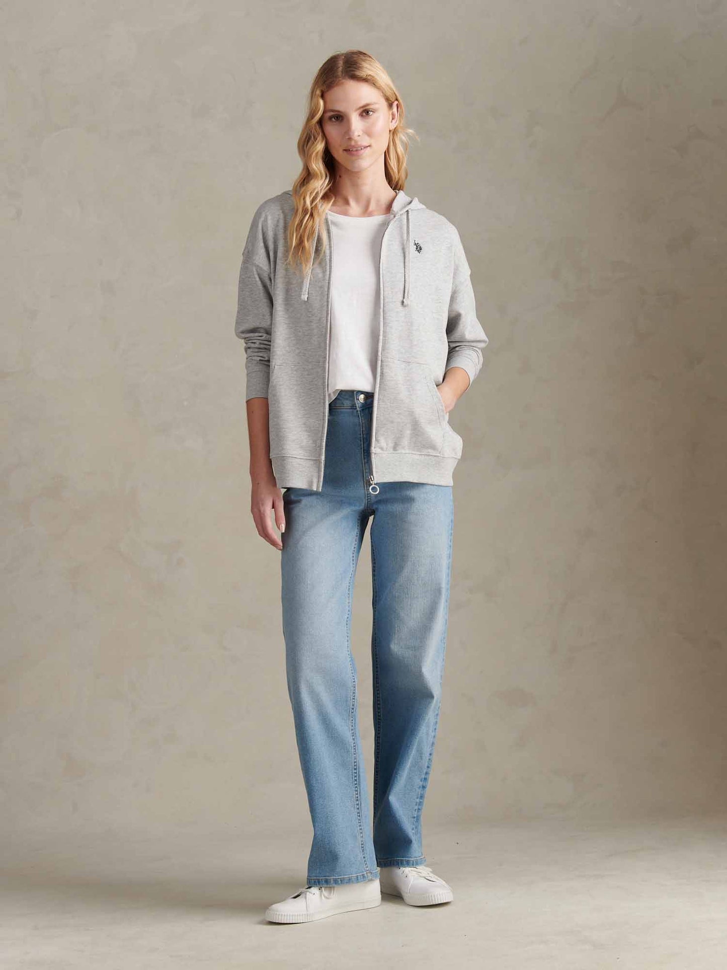 Womens Double Horsemen Zip Through Sweatshirt in Pearl Grey Marl