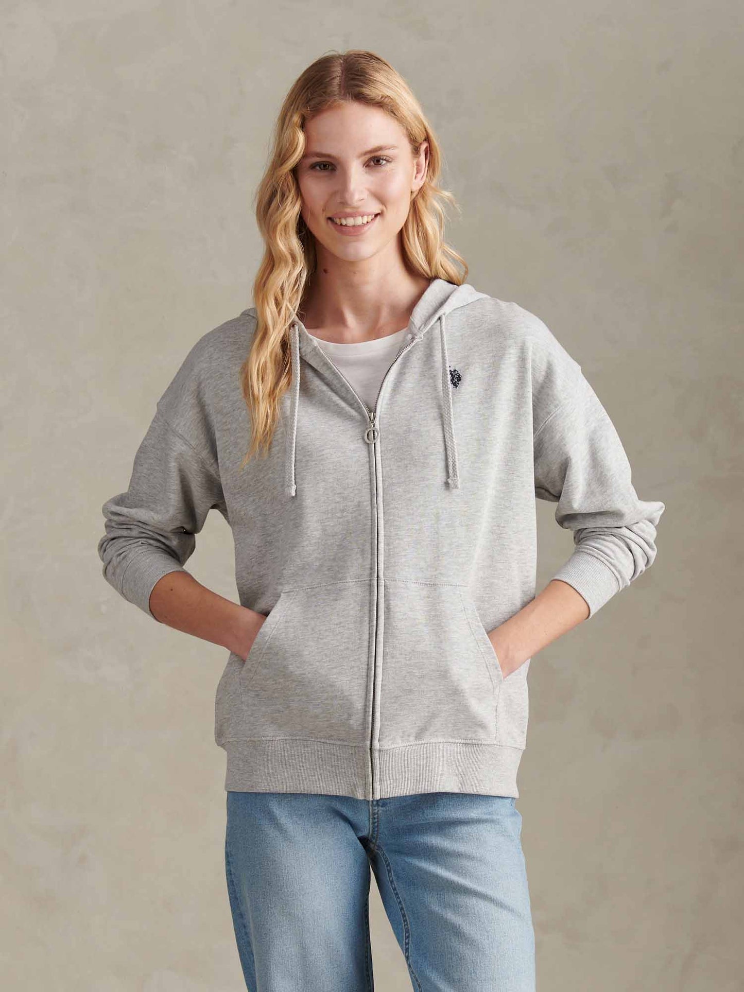 Womens Double Horsemen Zip Through Sweatshirt in Pearl Grey Marl