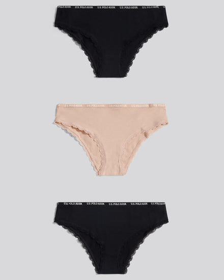 Womens 3 Pack Lace Trim Thin Waistband Bikini Brief in Black