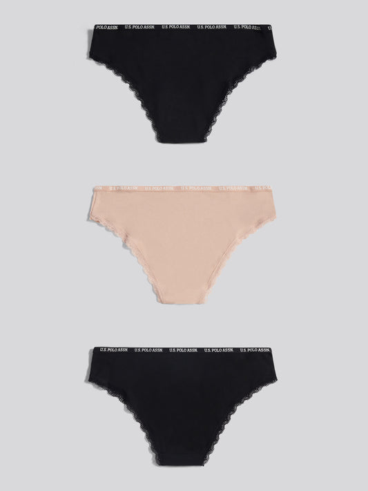 Womens 3 Pack Lace Trim Thin Waistband Bikini Brief in Black