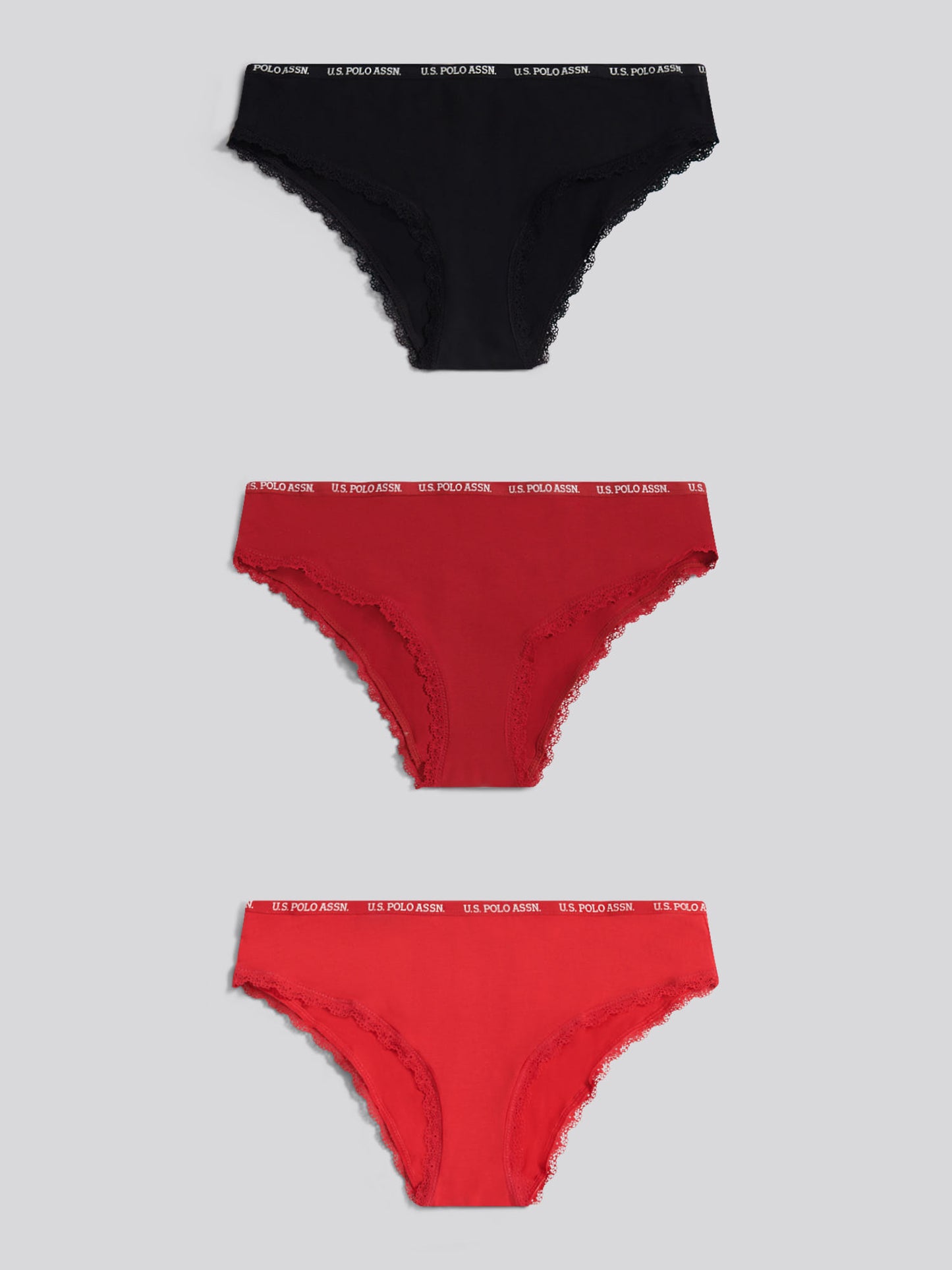 Womens 3 Pack Lace Trim Thin Waistband Bikini Brief in Rhythmic Red