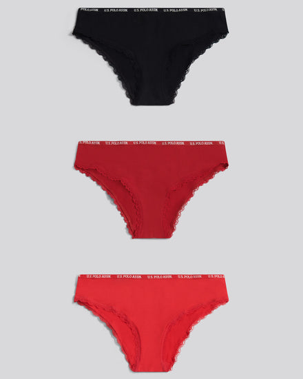Womens 3 Pack Lace Trim Thin Waistband Bikini Brief in Rhythmic Red