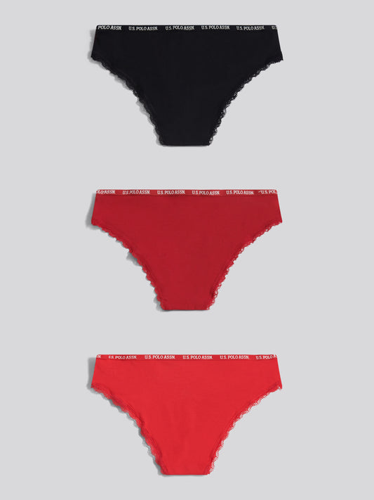 Womens 3 Pack Lace Trim Thin Waistband Bikini Brief in Rhythmic Red