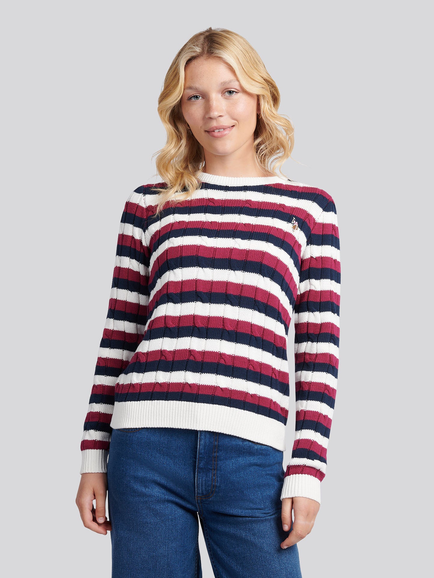 Womens Stripe Crew Neck Cable Jumper in Beaujolais