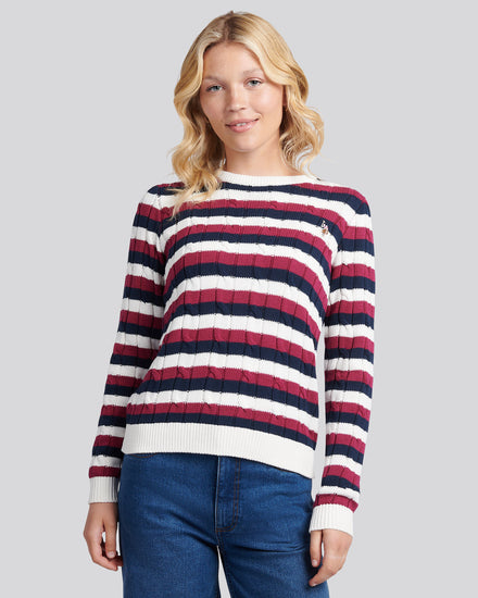 Womens Stripe Crew Neck Cable Jumper in Beaujolais