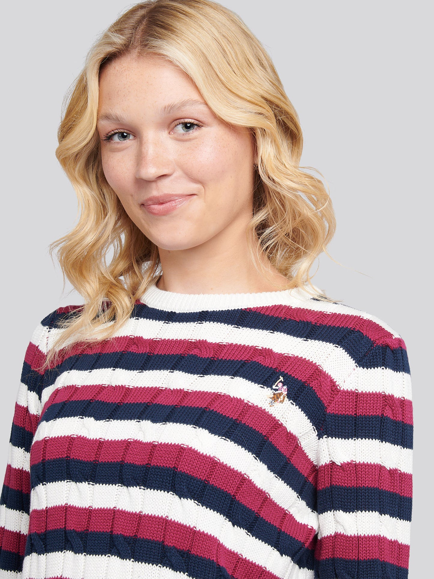 Womens Stripe Crew Neck Cable Jumper in Beaujolais