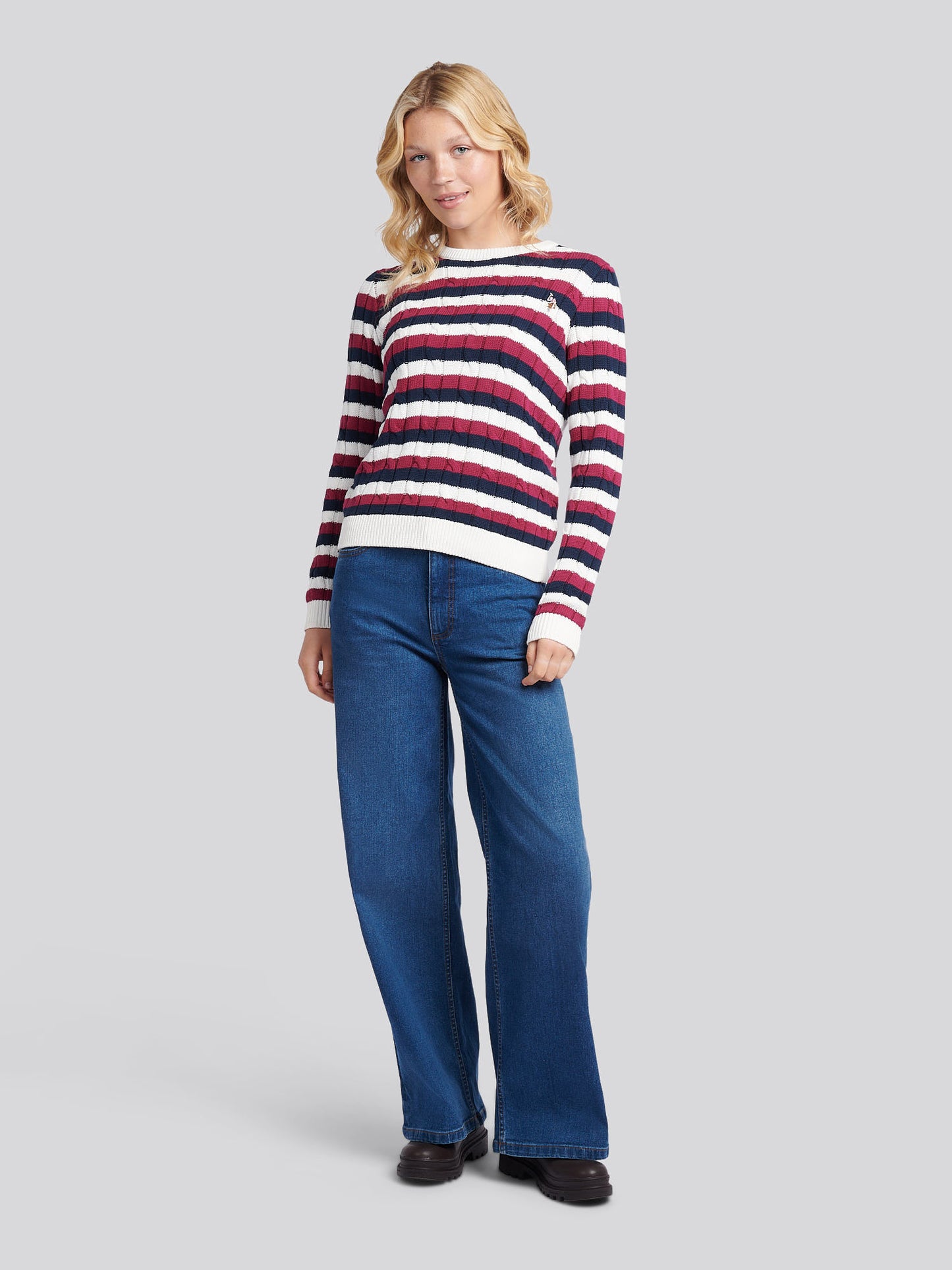 Womens Stripe Crew Neck Cable Jumper in Beaujolais