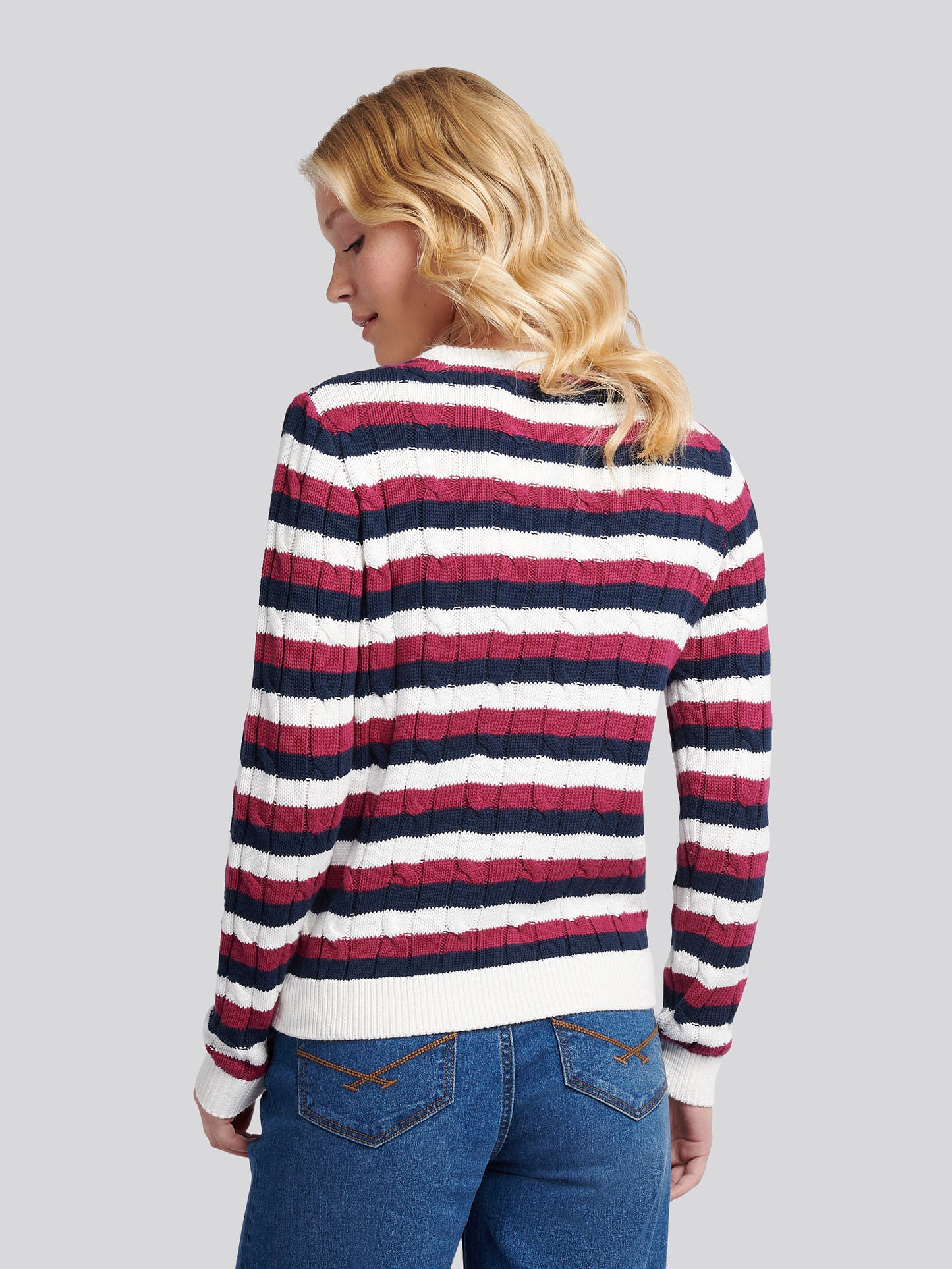 Womens Stripe Crew Neck Cable Jumper in Beaujolais