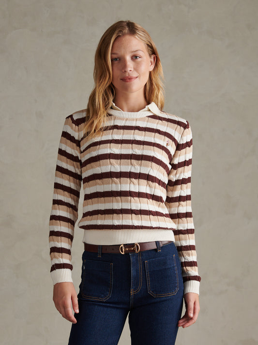 Womens Stripe Crew Neck Cable Jumper Smoke Gray