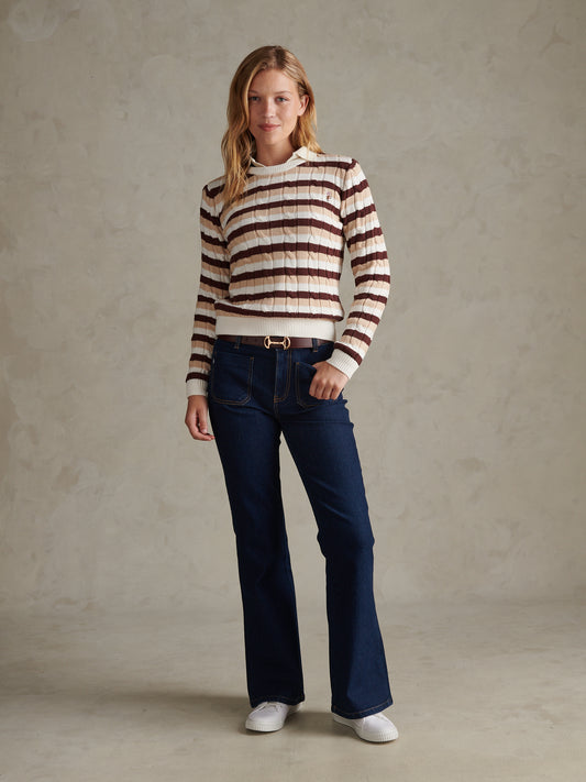 Womens Stripe Crew Neck Cable Jumper Smoke Gray