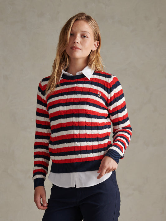 Womens Stripe Crew Neck Cable Jumper Garnet