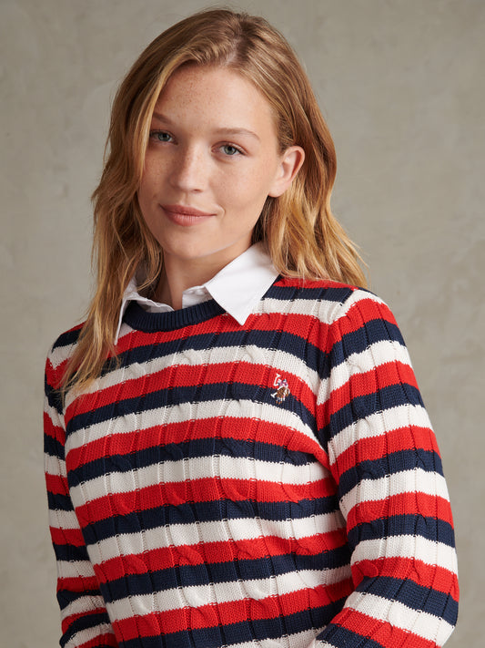 Womens Stripe Crew Neck Cable Jumper Garnet
