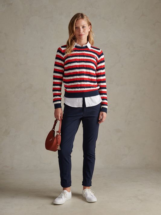 Womens Stripe Crew Neck Cable Jumper Garnet