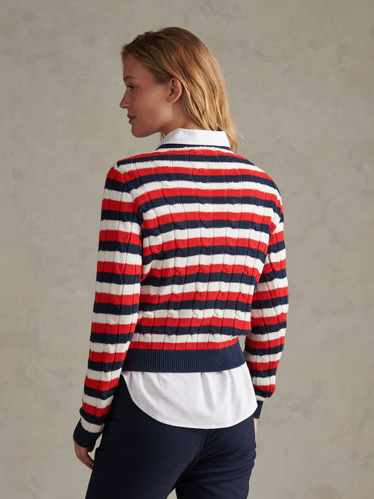 Womens Stripe Crew Neck Cable Jumper Garnet