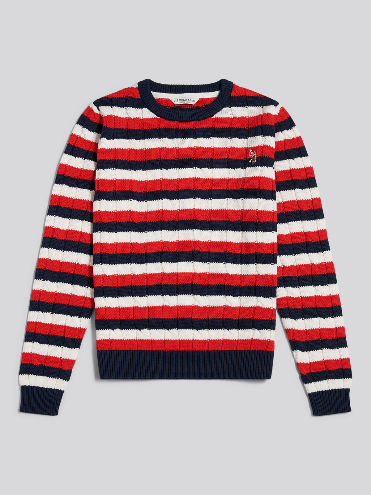 Womens Stripe Crew Neck Cable Jumper Garnet