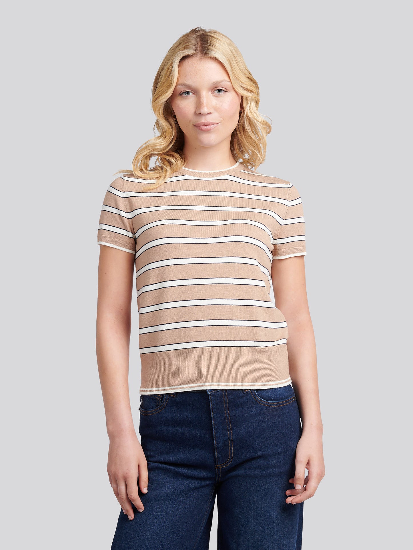 Womens Stripe Short Sleeve Jumper in Natural
