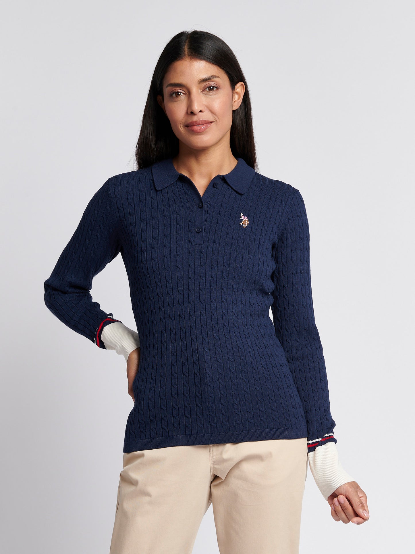 Womens Fine Cable Polo Knit in Navy Iris