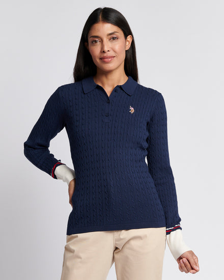 Womens Fine Cable Polo Knit in Navy Iris