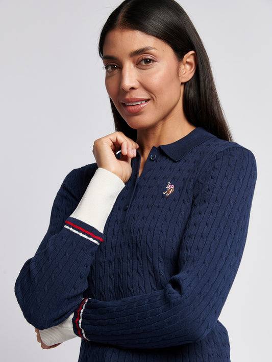 Womens Fine Cable Polo Knit in Navy Iris