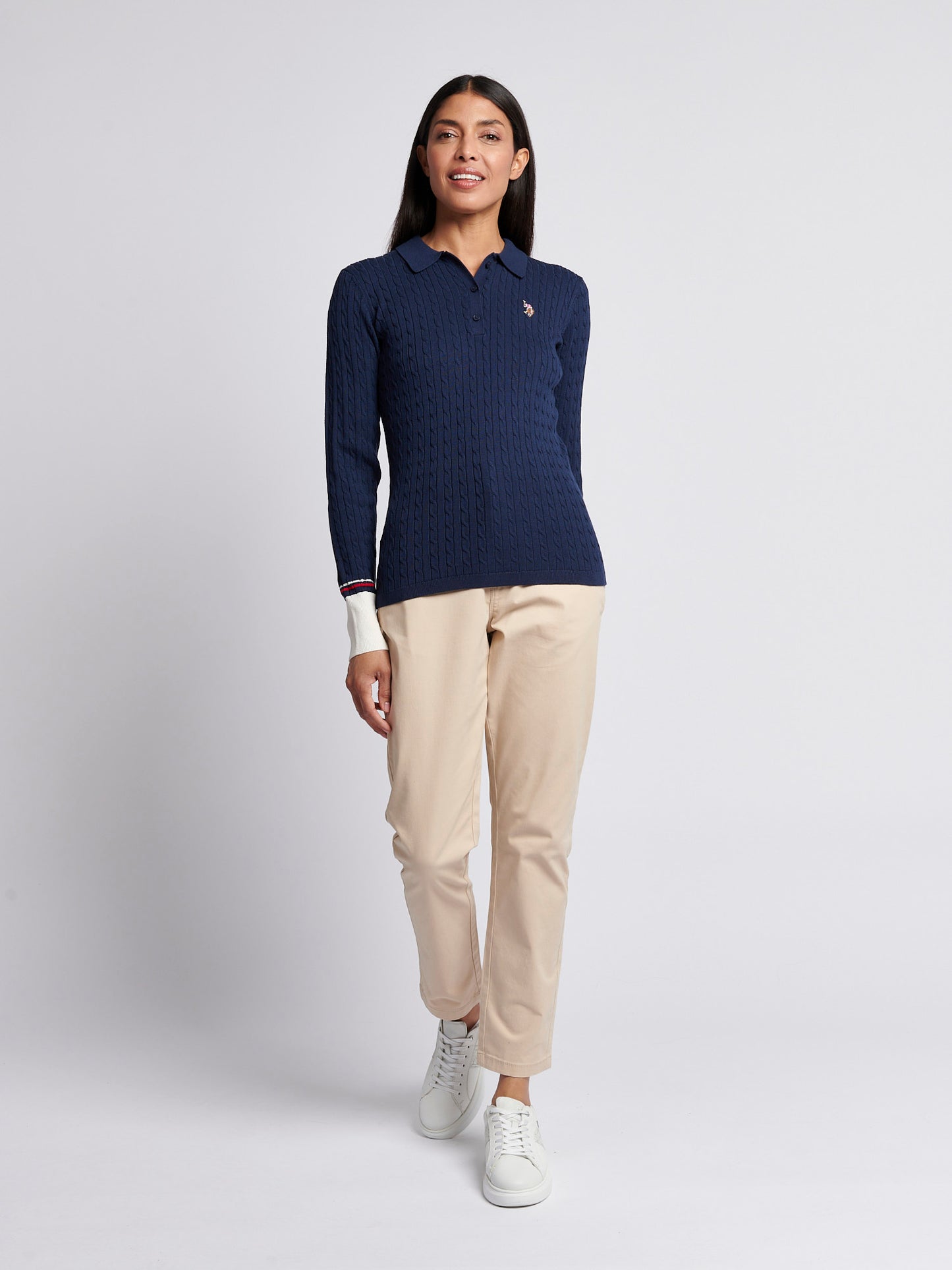 Womens Fine Cable Polo Knit in Navy Iris
