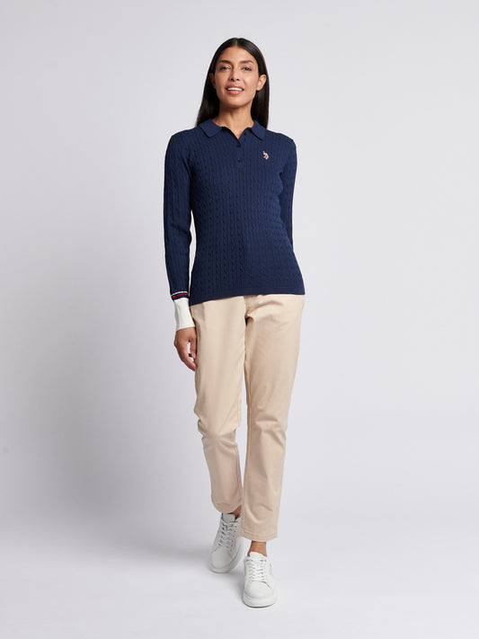 Womens Fine Cable Polo Knit in Navy Iris
