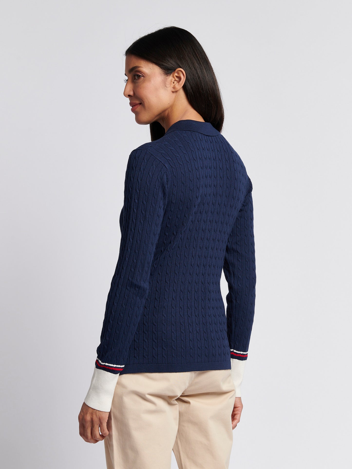 Womens Fine Cable Polo Knit in Navy Iris
