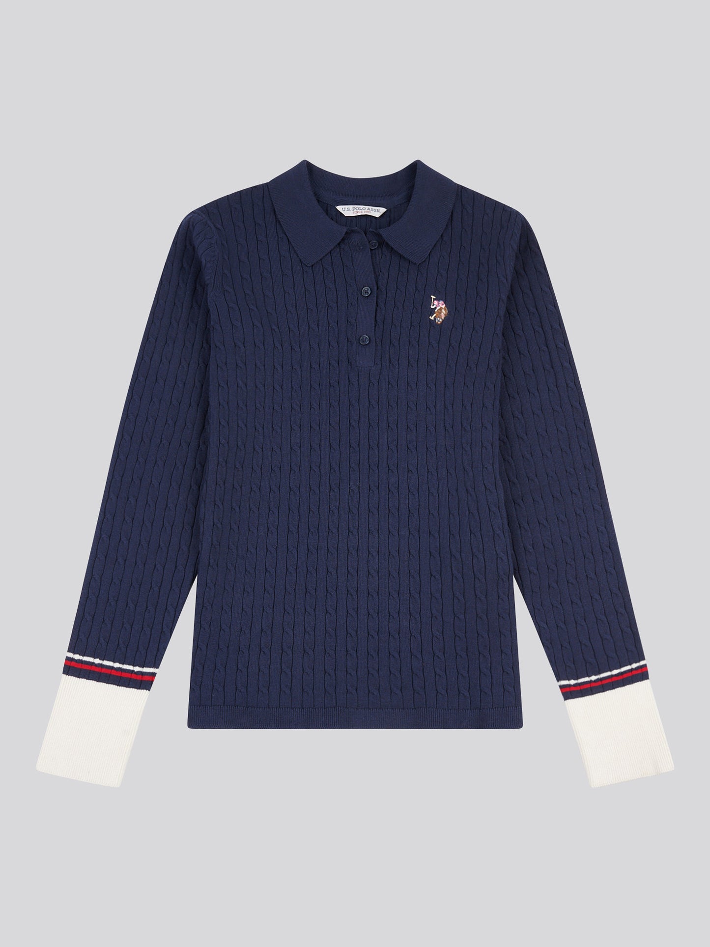 Womens Fine Cable Polo Knit in Navy Iris