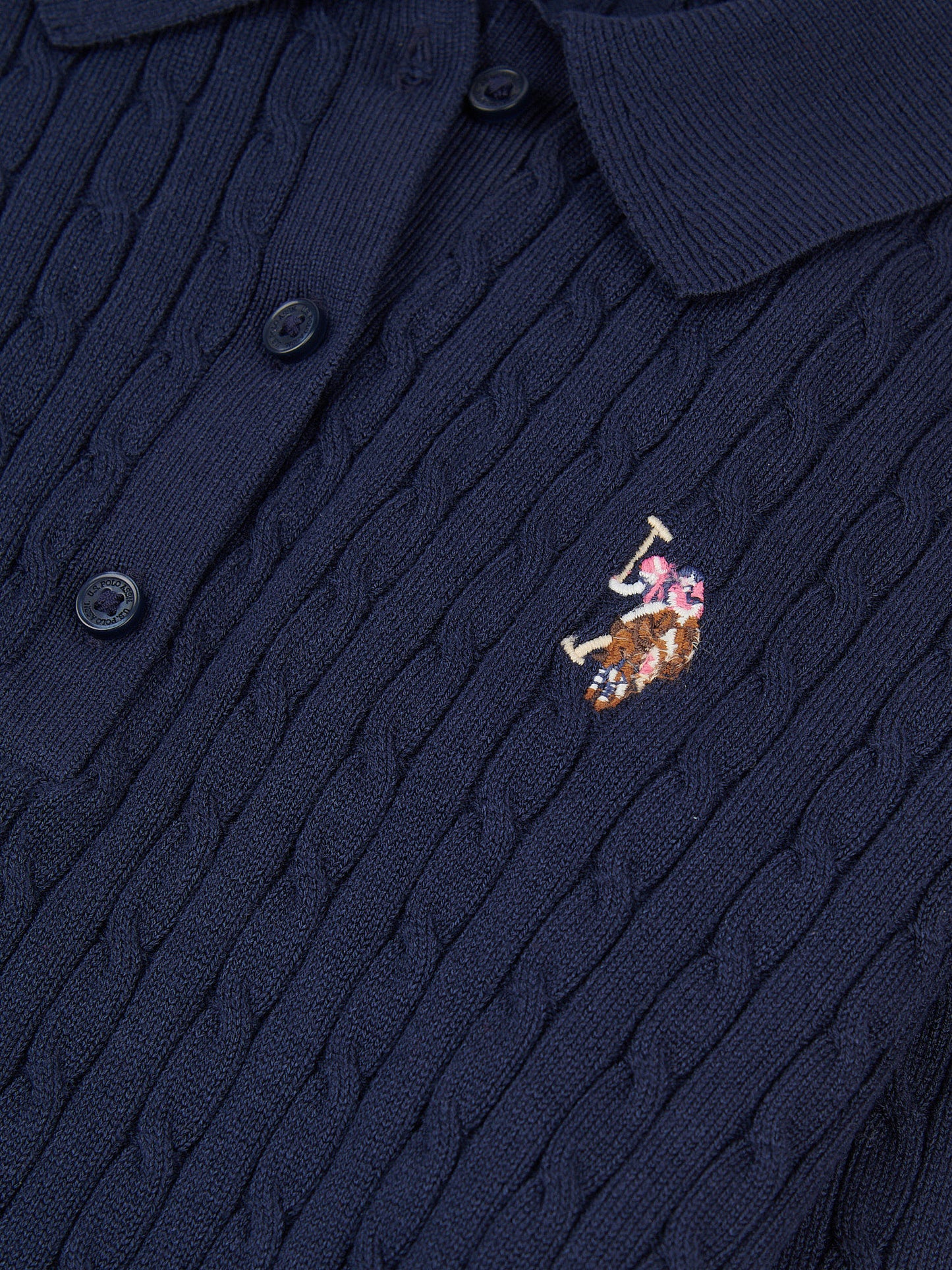 Womens Fine Cable Polo Knit in Navy Iris