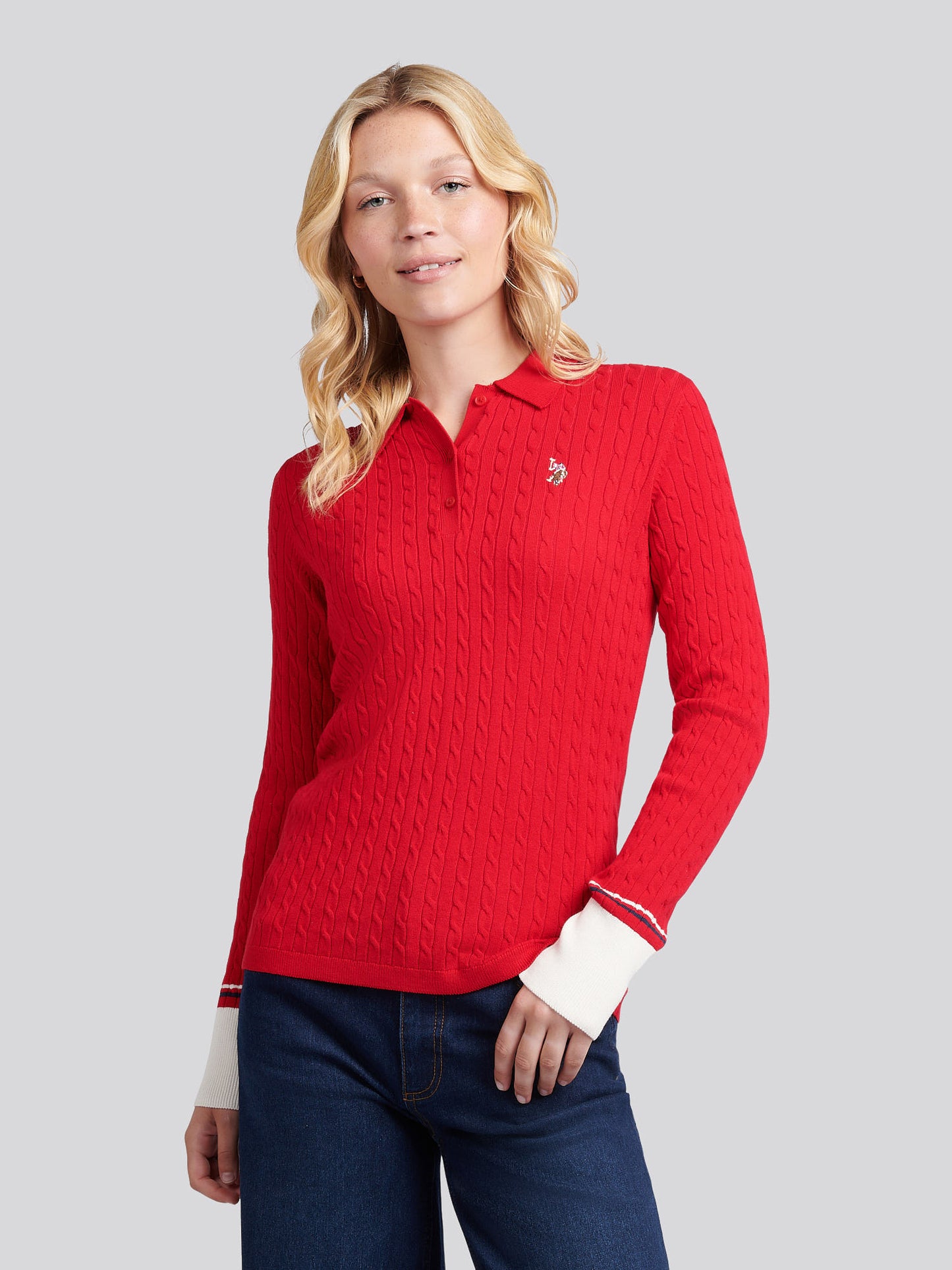 Womens Fine Cable Polo Knit in Jalapeno Red