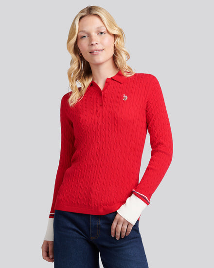Womens Fine Cable Polo Knit in Jalapeno Red