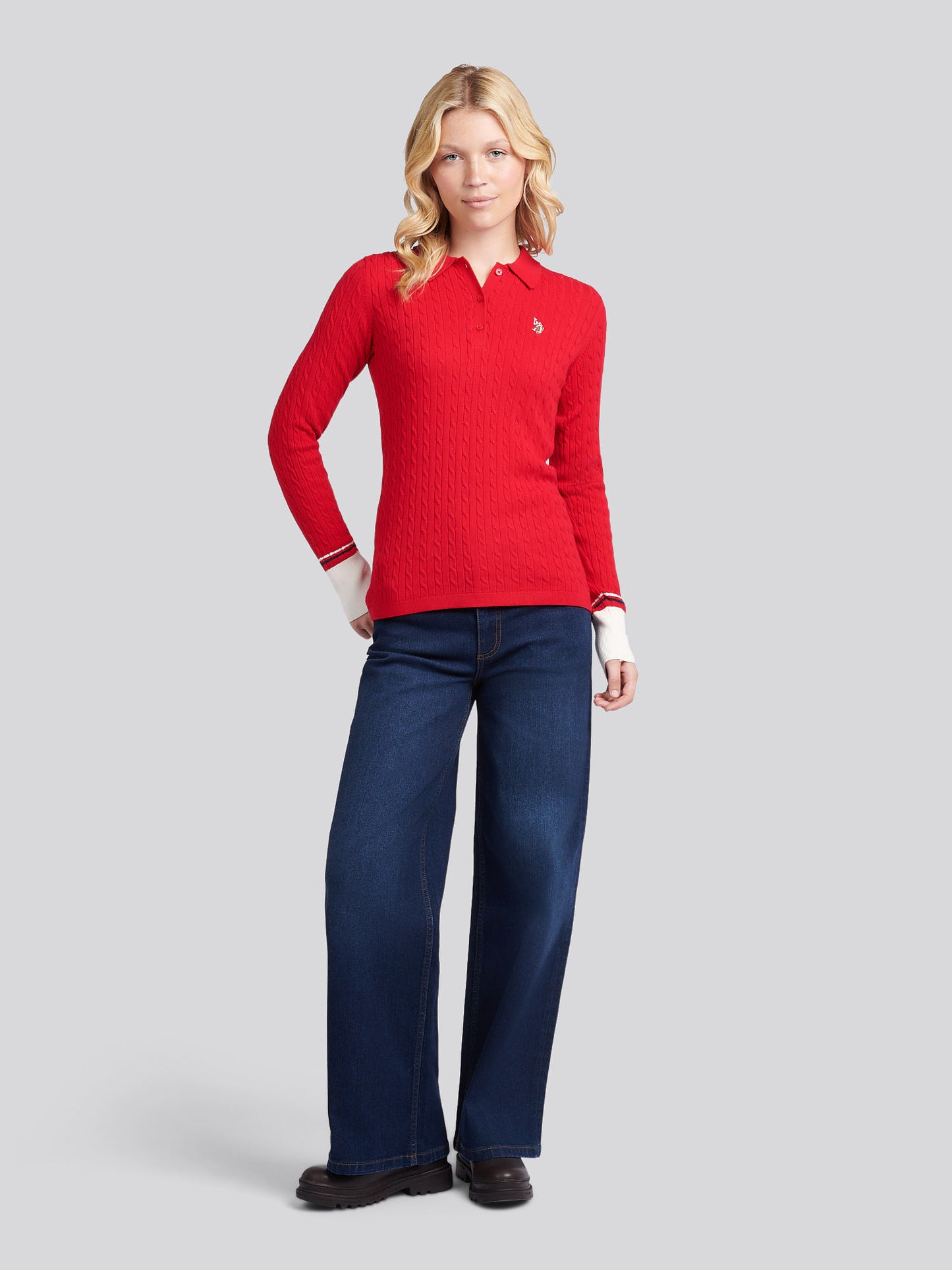 Womens Fine Cable Polo Knit in Jalapeno Red