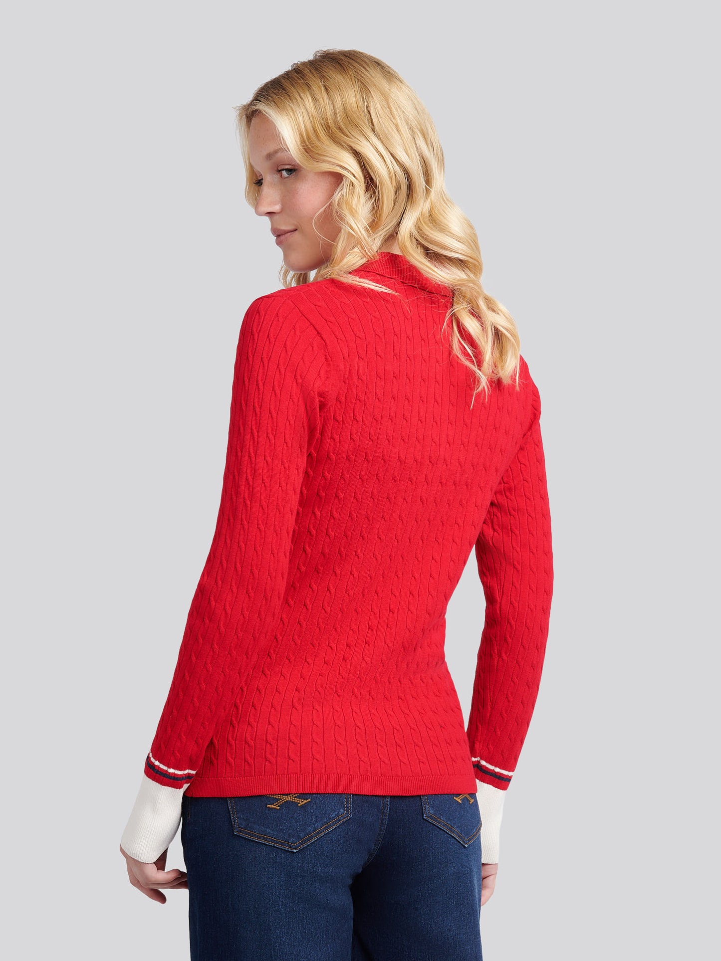 Womens Fine Cable Polo Knit in Jalapeno Red
