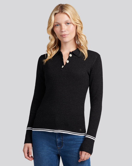 Womens Lurex® Rib Polo Knit in Black