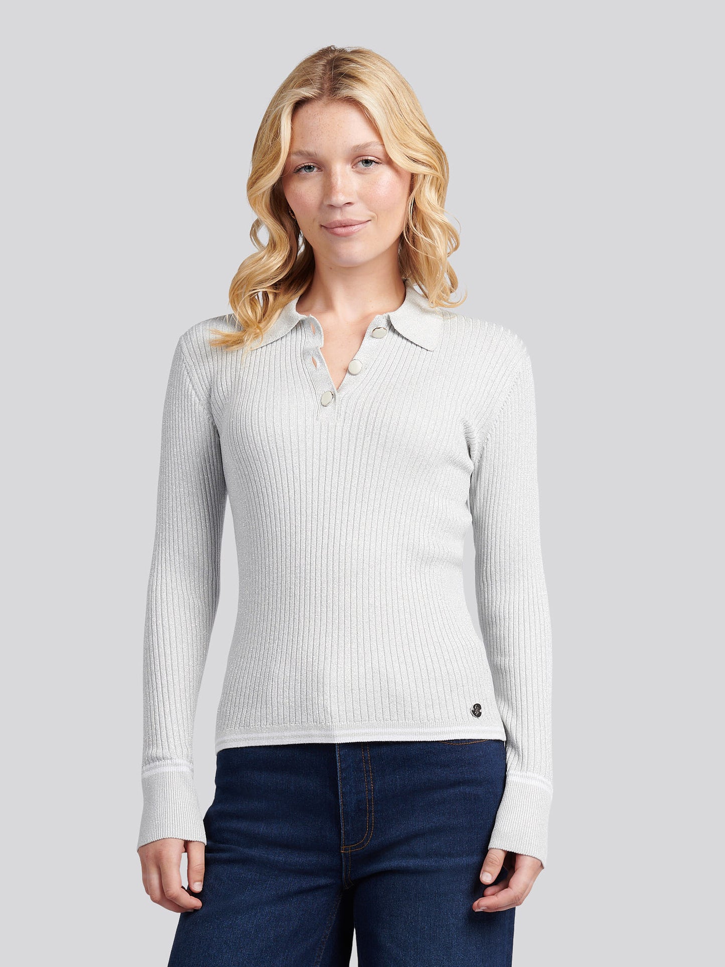 Womens Lurex® Rib Polo Knit in Pearl Grey Marl